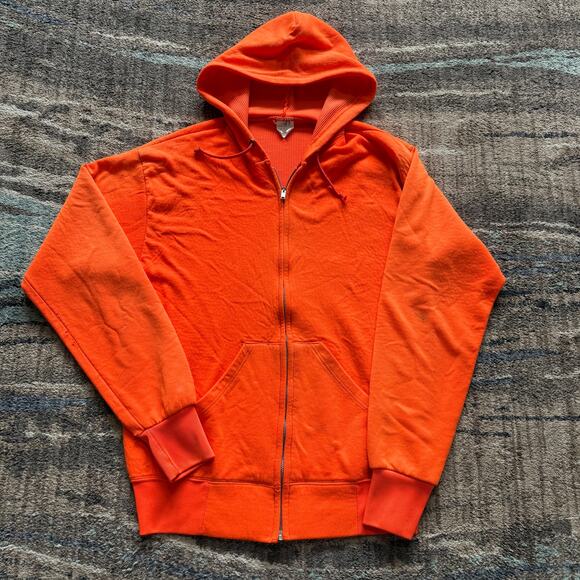 Men's Vintage 80's Waffle Lined Bright Orange Zip Up Hoodie Sweatshirt Sz Large - Picture 1 of 12